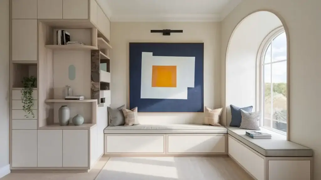 small living room featuring built-in furniture