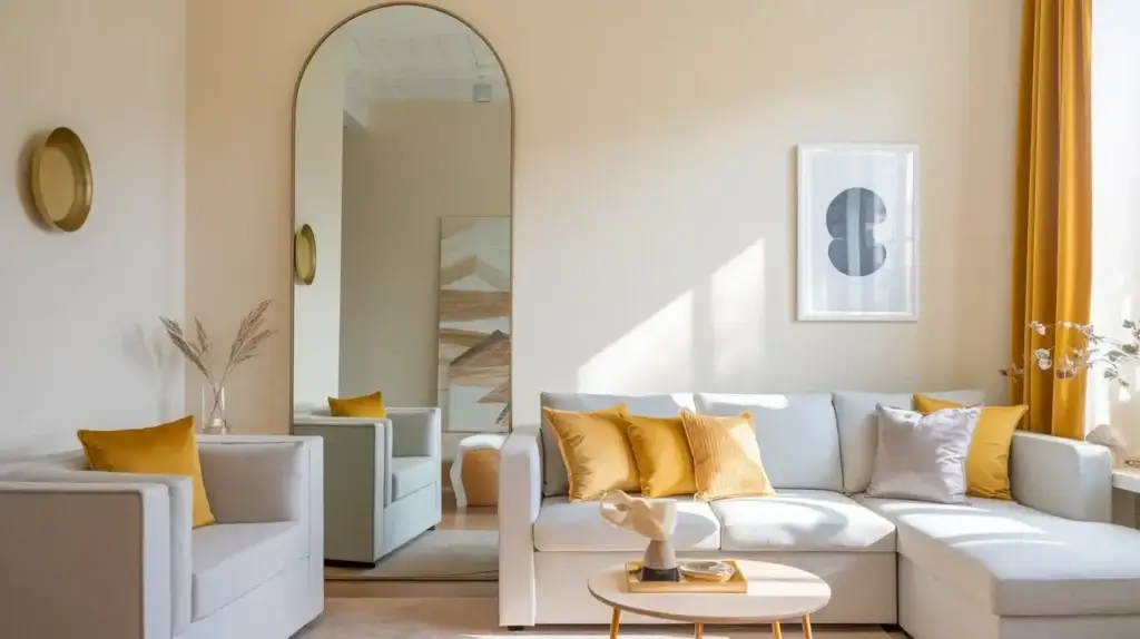 A small living room with a light and bright color scheme